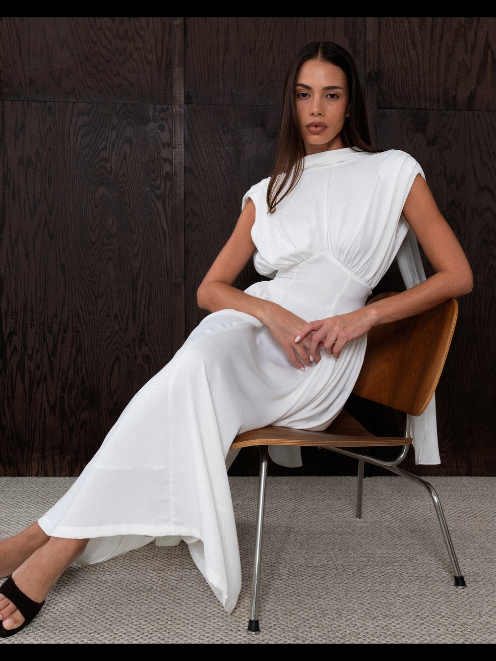Elegant White Draped Maxi Dress